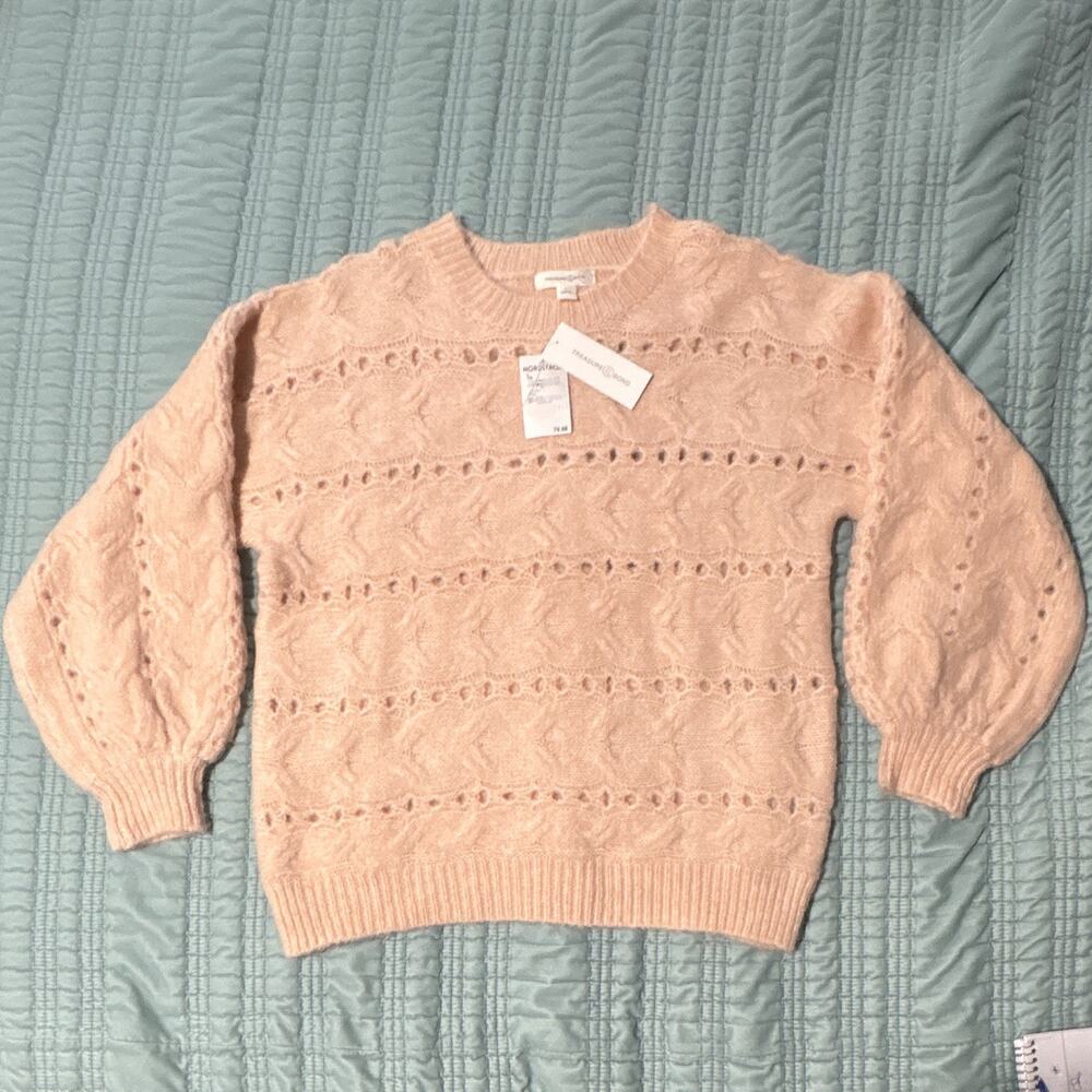 Treasure & Bond Women’s Pink Mohair Cable Knit Crew Neck Pullover Sweater